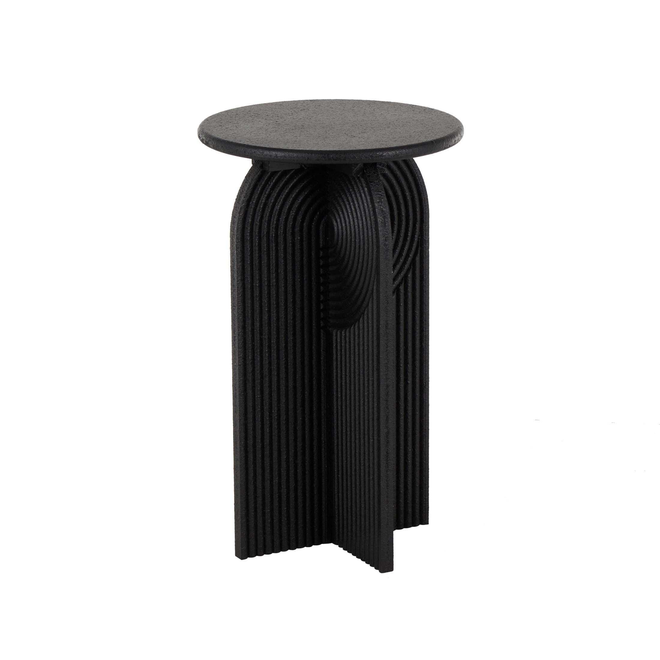 DecMode 11" x 18" Black Wood Sandstone Carved Art Deco Arched Pedestal Geometric Accent Table, 2-Pieces