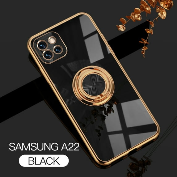 Electroplated Case for Samsung Galaxy A22 5G, Slim Thin Light Plating Frame Rotatable Metal Ring Holder Bracket Cover with Magnetic Car Mount Rugged Shockproof Anti-Scratches Case,Black