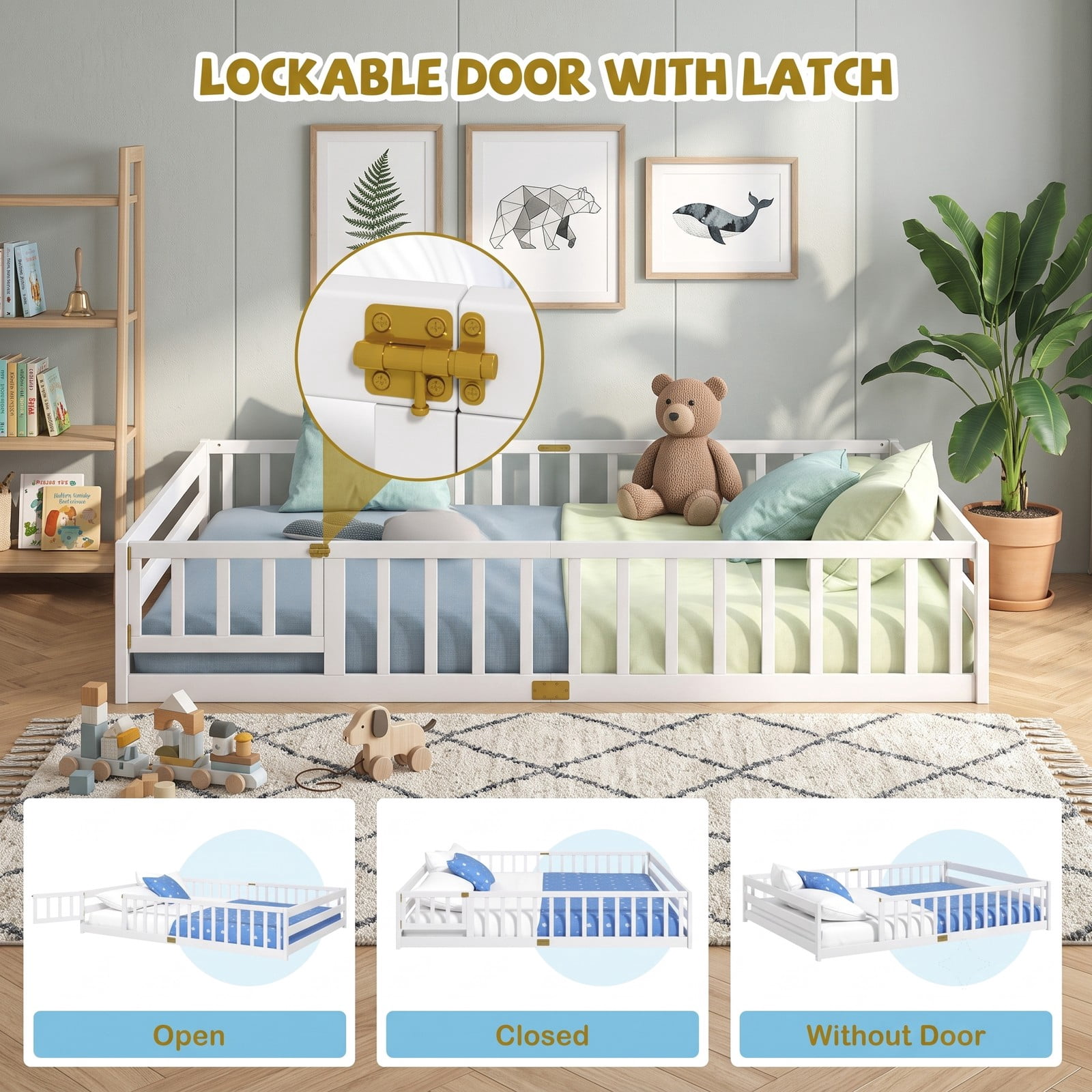 Furnibear Queen Size Bed Frame Montessori Floor Bed for Kids, House Bed with Full Length Guardrails and Lockable Gate, Wood Queen Bed Frame, White