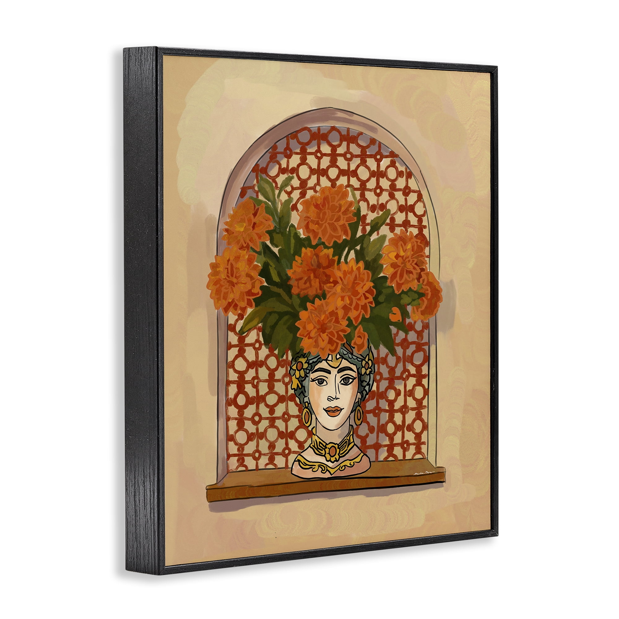 Stupell Industries Ornate Flower Head Vase Black Framed Giclee Art, design by Amelia Noyes