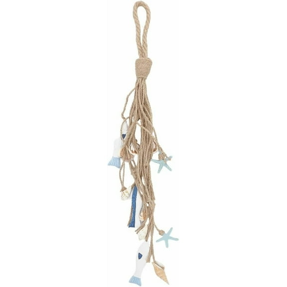 Blue 26 Inch Jute Rope Fish Home Wall Decor Layered Hanging Sculpture Cream Shell Starfish Accents Blue Summer Mediterranean Farmhouse Ocean Beach Pendant Decorations for Party Home Ornaments