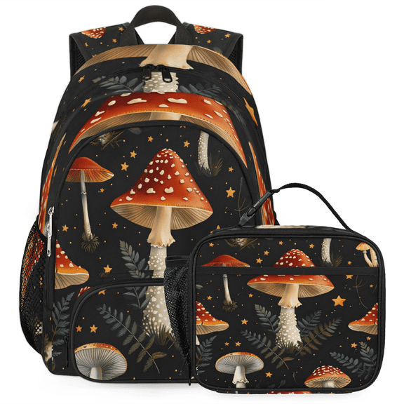 Herdesigns Retro Mushroom Backpack with Lunch Box Forest Flowers Plants Lightweight Large Travel Work Laptop Backpacks Set Casual Daypacks