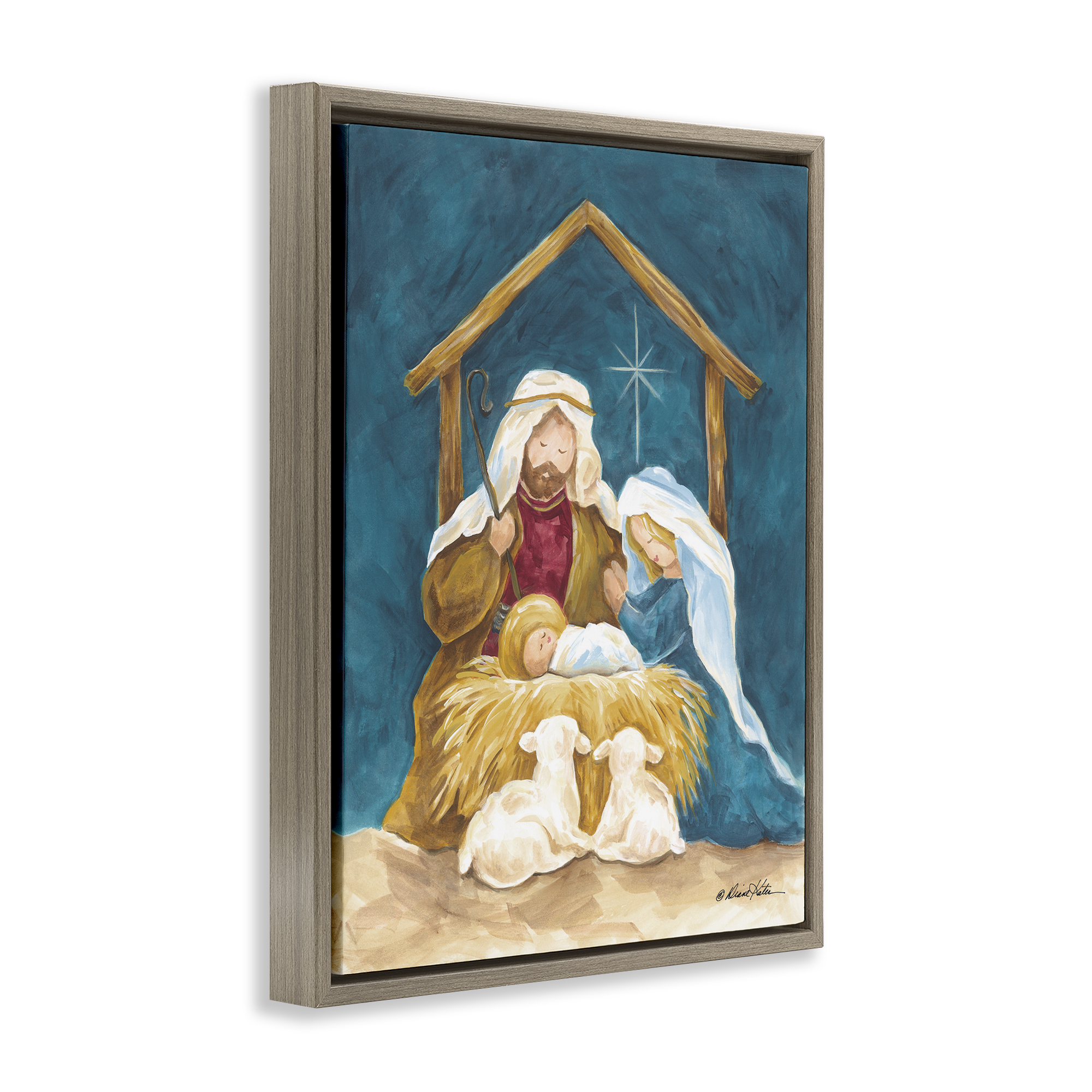 Comforting Nativity Painting Brown Framed Floater Canvas Wall Art, design by Diane Kater