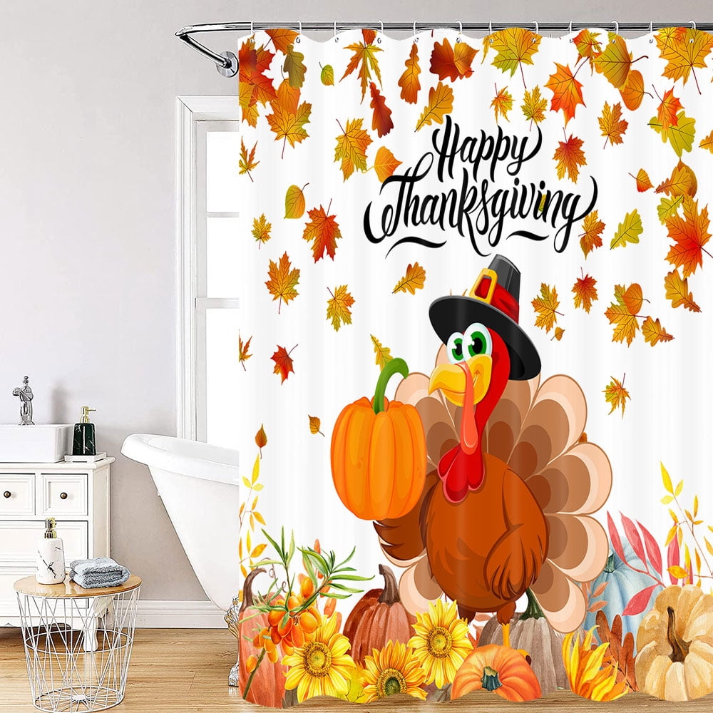 Fall Shower Curtain, Thanksgiving Shower Curtain, Fall Pumpkins Maple Shower Curtain Set, Autumn Sunflower and Turkey Shower Curtain for Bathroom, Holiday Bathtub Decorations with Hooks,70X70in