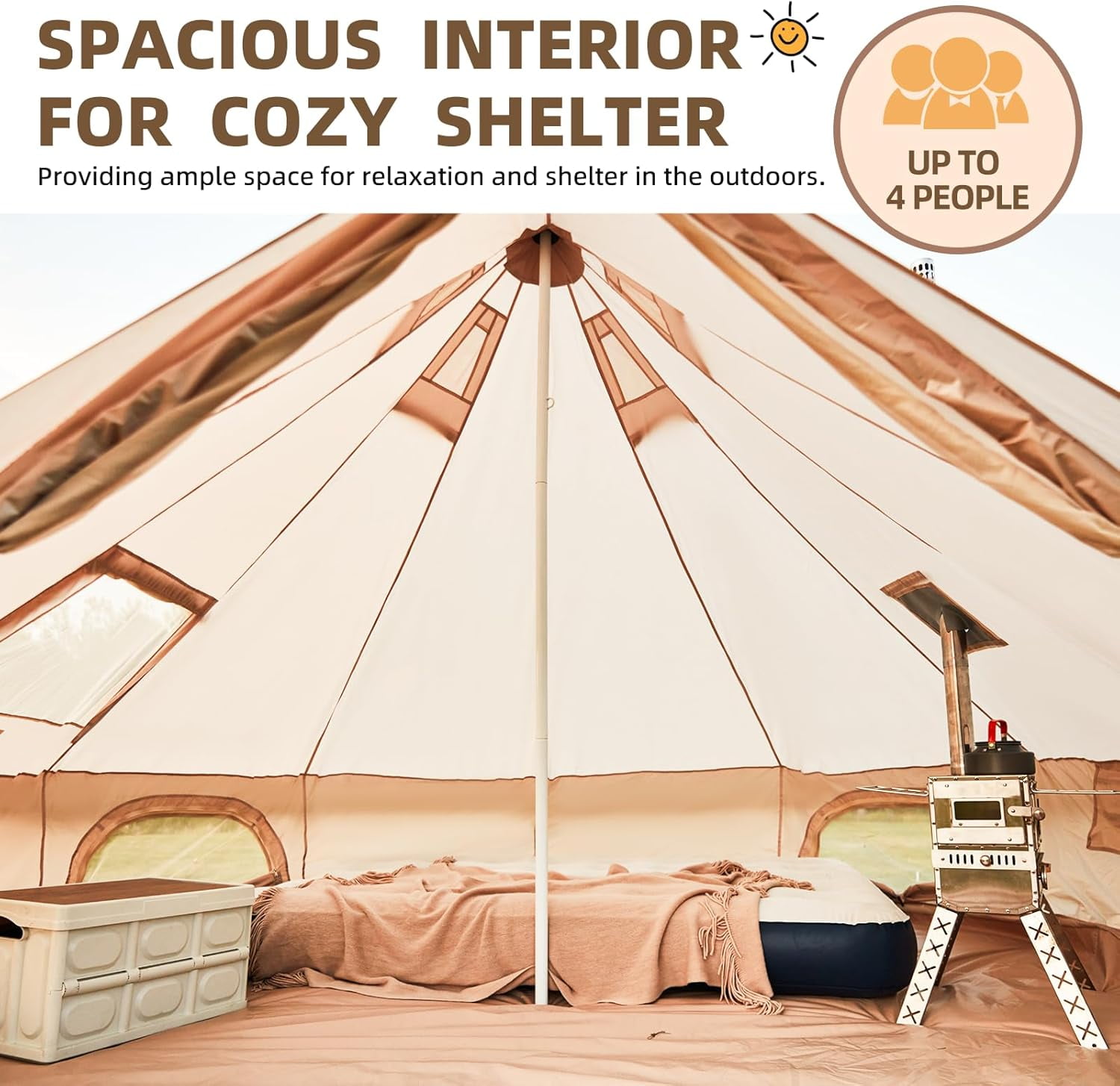 Yoleny Camping Bell Tent, All Season Waterproof Canvas Tent , 3 m/9.8ft Yurt Tent with Stove Jack for 3-4 Person