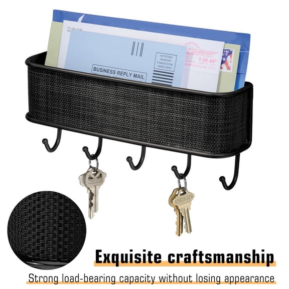 Matte Black Steel Key Hanger Rack with Storage Basket, 5 Hook Wall Organizer for Home Kitchen Office Mudroom