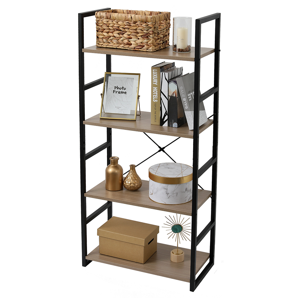 Bookshelf, Wood Bookcase with Metal Frames, 4Shelf Industrial Storage