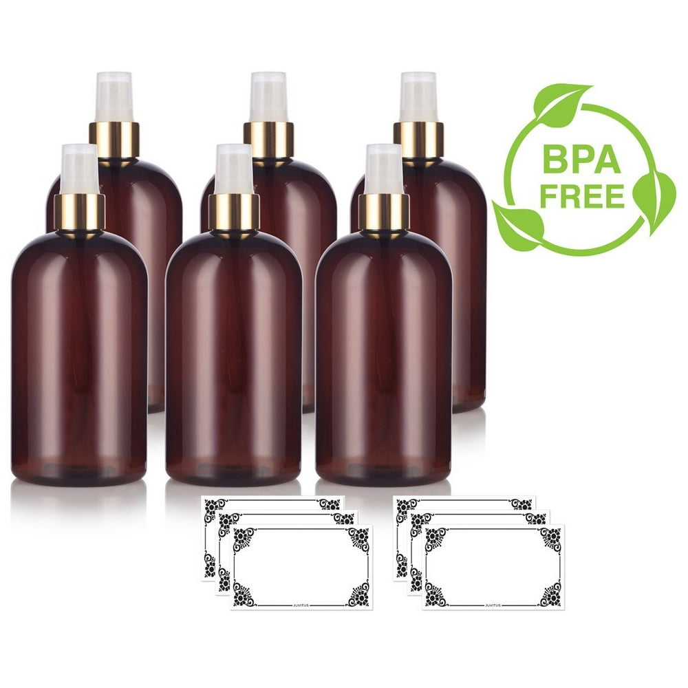 Amber 16 oz Boston Round PET Bottles (BPA Free) with Gold Fine Mist