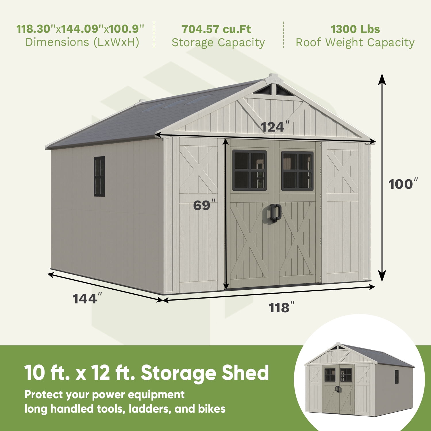 Patiowell 10x12ft Resin Storage Shed with Skylight & Lockable Door – Weatherproof, Spacious Outdoor Shed for Garden & Tools
