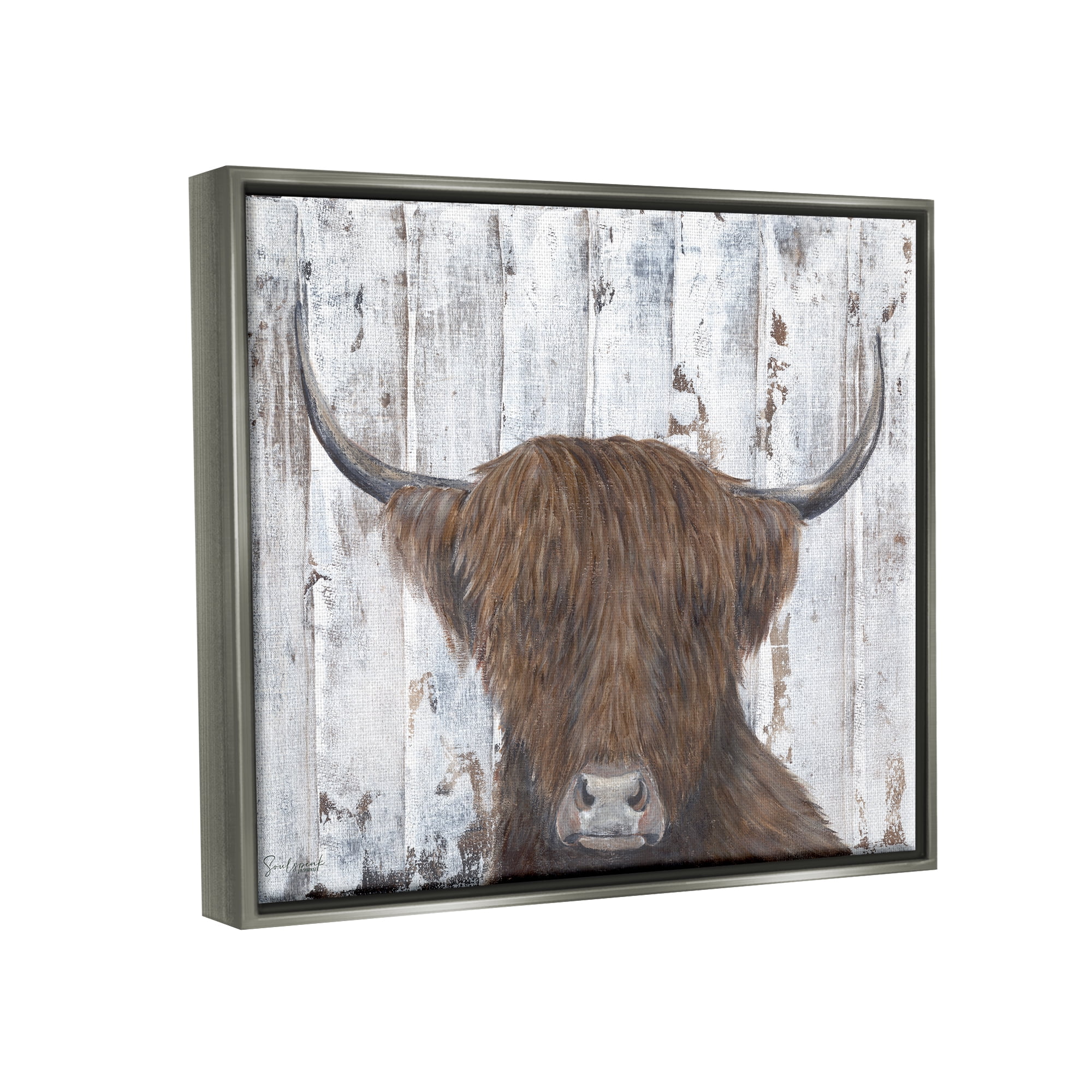 Stupell Country Rustic Highland Cattle Portrait Animals & Insects Painting Gray Floater Framed Art Print Wall Art