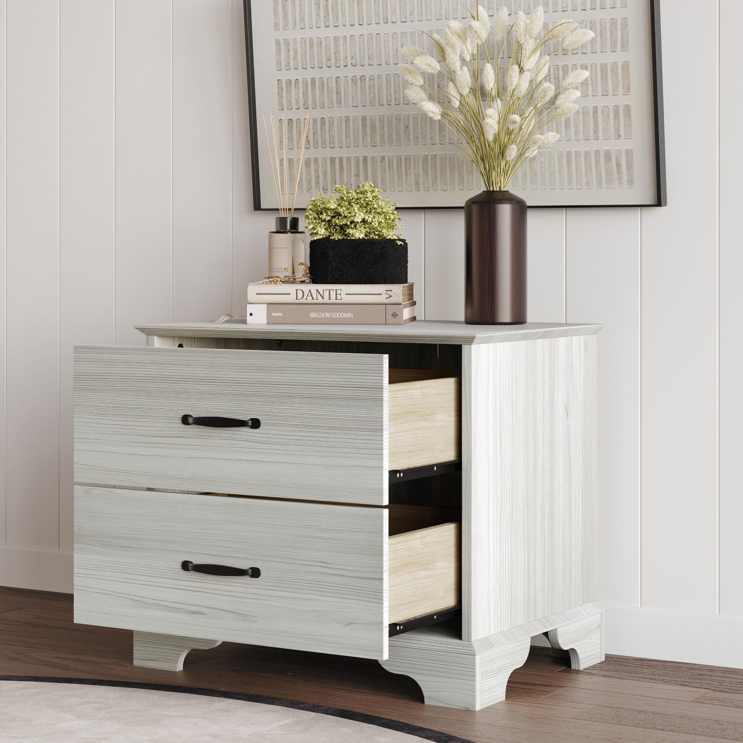 Home Design Harley 2-Drawer Nightstand, Modern Bedroom Storage Furniture, Light Gray Finish, Easy Assembly