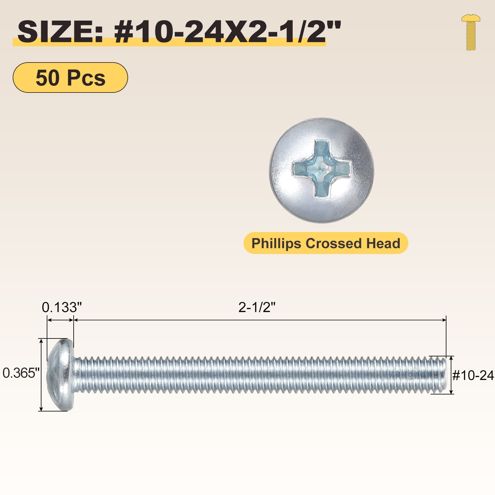 Uxcell Phillips Pan Head Machine Bolts (#10-24x2-1/2") 50Pcs, Carbon Steel Pan Head Mounting Screws - for Home Door Window Installment Electrical DIY, Zinc Coated