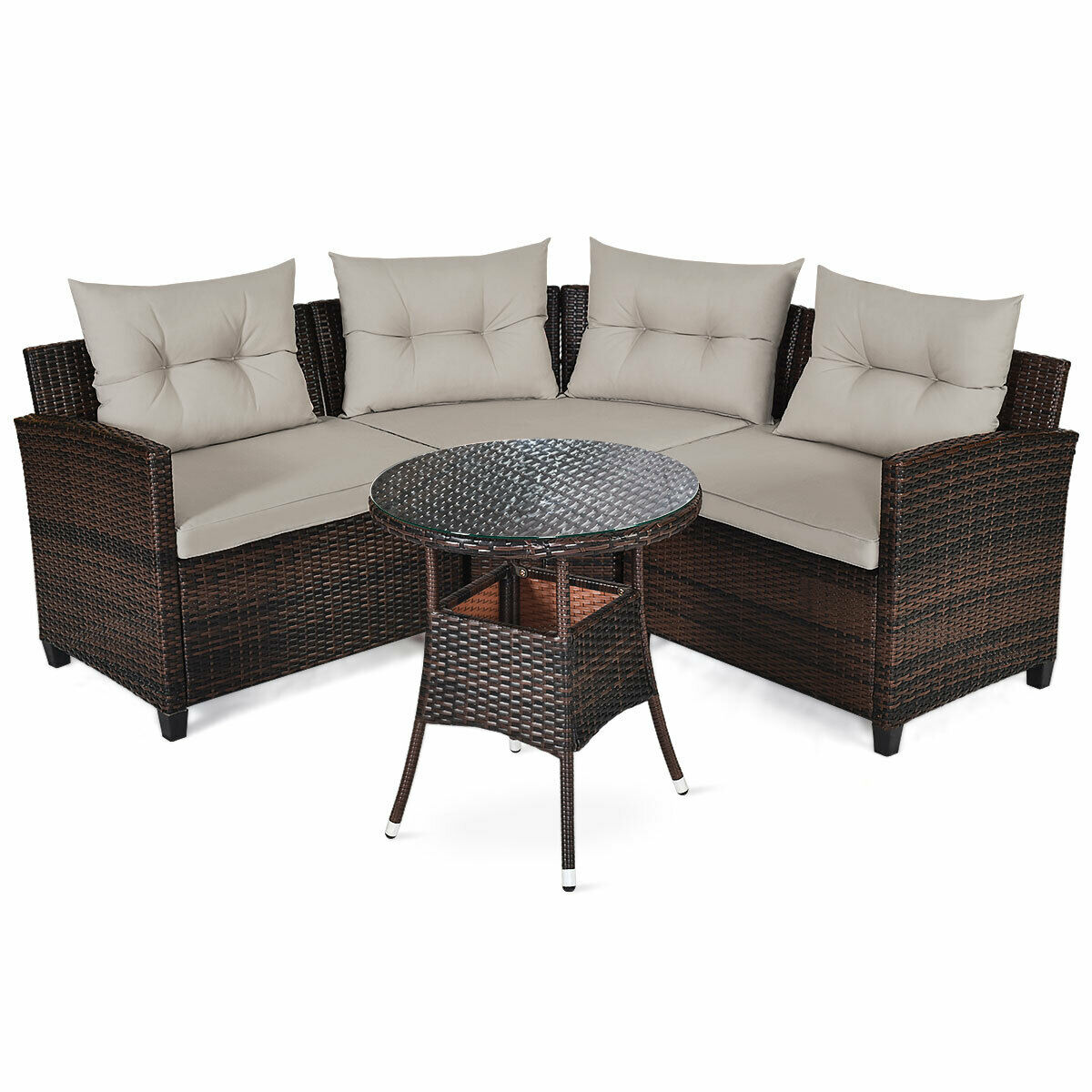 Gymax 4PCS Patio Furniture Set Outdoor Rattan Sectional w/ Cushioned Sofa Table
