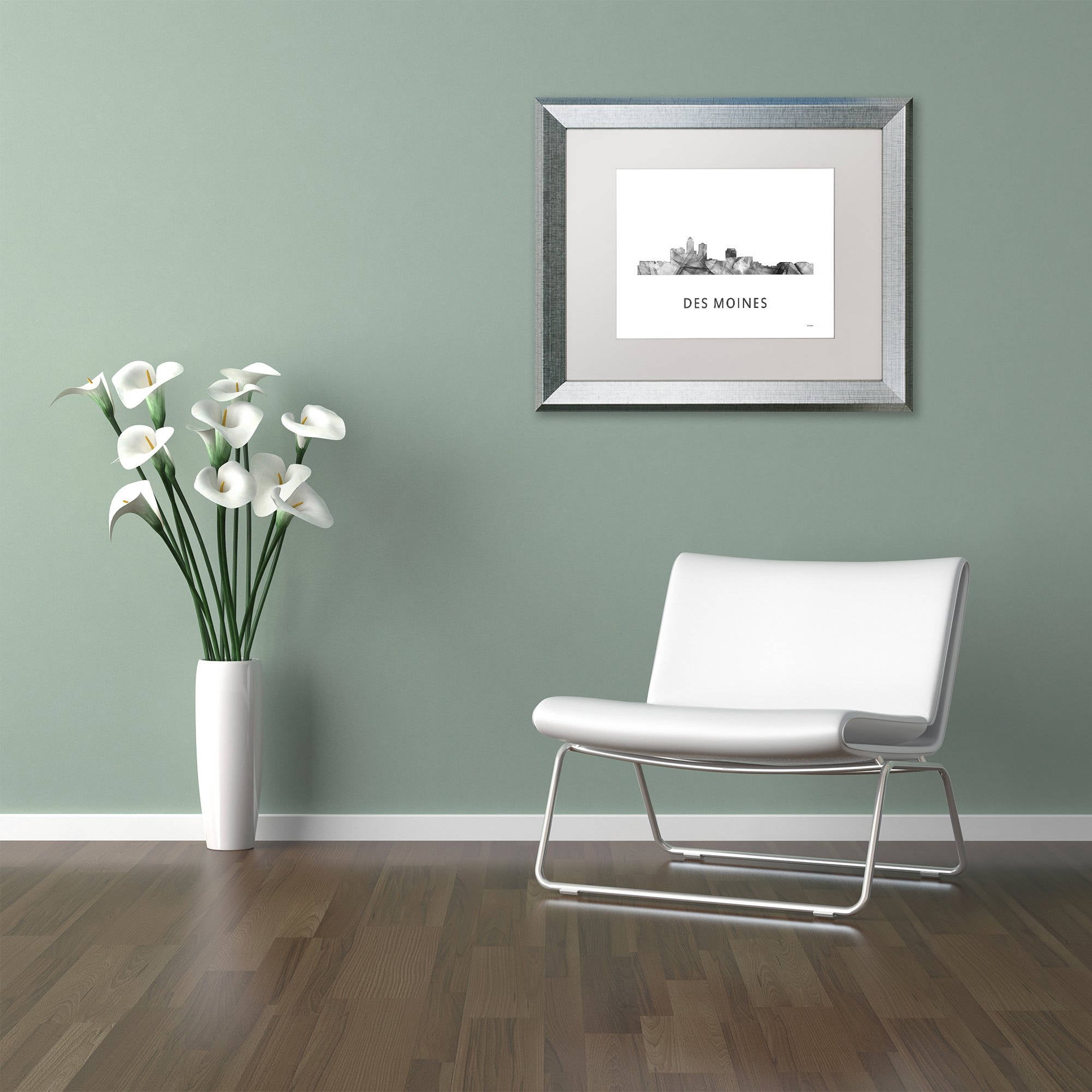 Trademark Fine Art 'Des Moines Iowa Skyline WB-BW' Canvas Art by Marlene Watson, White Matte, Silver Frame