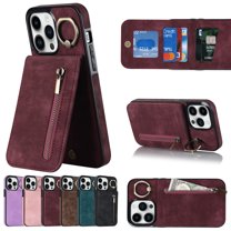 ELEHOLD for iPhone 14 Pro 6.1" Vintage Leather Wallet Case,Practical Card Holders RFID Blocking Zipper Wallet Kickstand Ring Holder Shockproof Anti-Scratch Case for Women Men,Winered