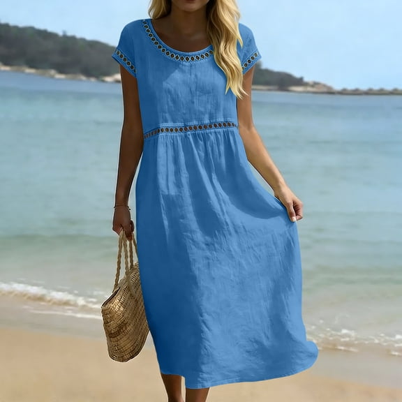 Karight Linen Dresses for Women Cotton Maxi Dress Short Sleeve Lace Crew Neck Pleated Flowing Dress Summer Vacation Boho