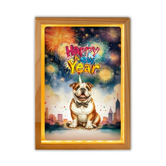 Happy New Year with Bulldog Fireworks Holiday Xmas Winter 2025 Acrylic Plaque with Wood Photo Frame Box Dog Lover Gifts Idea Light Box - 00025