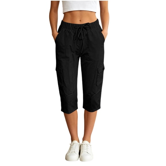 Costeam Womens Solid Color High Waist Straight Leg Cropped Capris and Shorts with Side Pockets Loose Fit Elastic Waist Dual Style Casual Bottom Pants