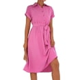 thumbnail image 3 of HUBERY Women Lapel V Neck Short Sleeve Button Front Belted Swing Hem Midi Dress, 3 of 7