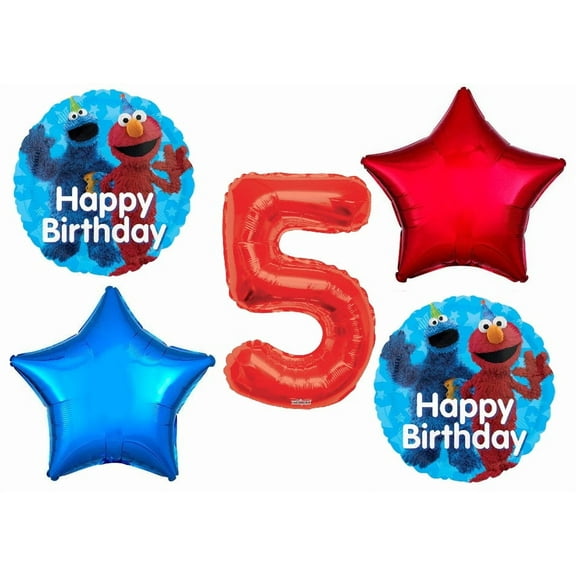 Elmo and Cookie Monster 5th #5 Birthday Party Sesame Street 5 Piece Mylar Balloon Set