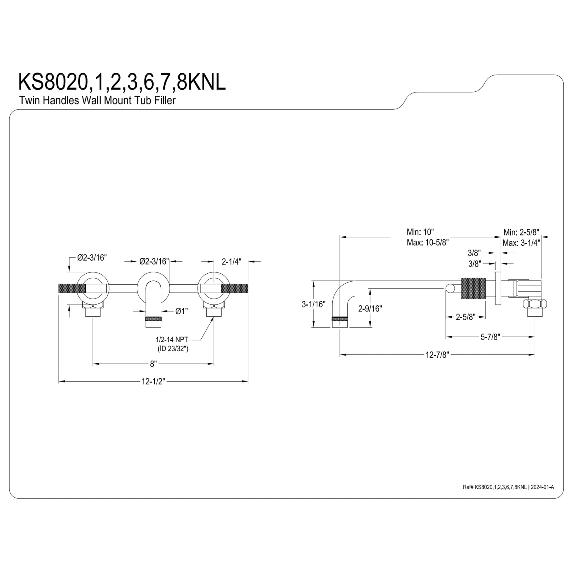 Kingston Brass KS8020KNL Convergent Two-Handle 3-Hole Wall Mount Roman Tub Faucet with Knurled Handle in Matte Black