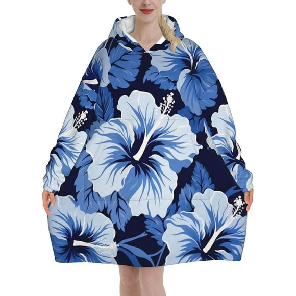 Oversized Blanket Hoodie, Blue Hibiscus Print Comfortable Flannel Super Soft Warm Blankets Hooded Sweatshirt For Unisex Adult Women Men, With Pocket Loose