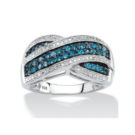 - 1/2 TCW Blue and White Diamond Multi-Row Crossover Cocktail Ring in Platinum over Sterling Silver