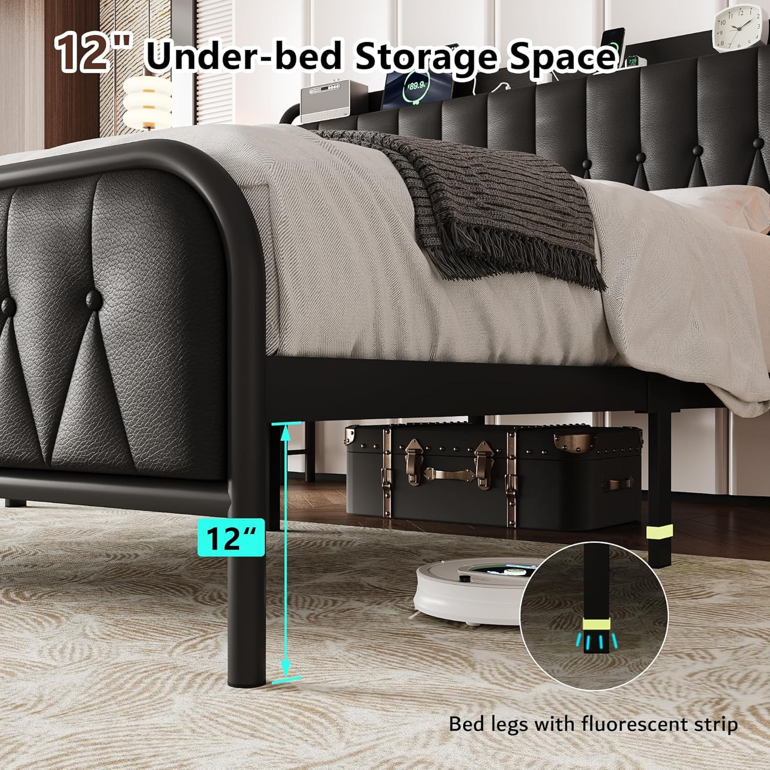 Queen Bed Frame with Fast Charging Station, Leather Queen Size Metal Platform Beds with Upholstered Headboard & Footboard,12" Underbed Storage Space,Easy Assembly,Noise-Free,Black
