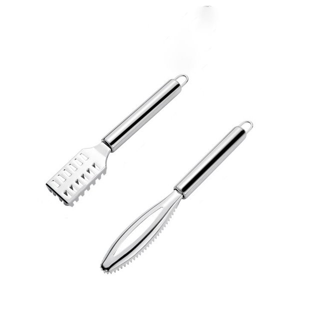 Báscula de pescado de acero inoxidable, raspador de escamas de pescado de 2 piezas, diseño profesional de dientes de pescado, más rápido y fácil de pelar escamas de pescado Rojo Verde