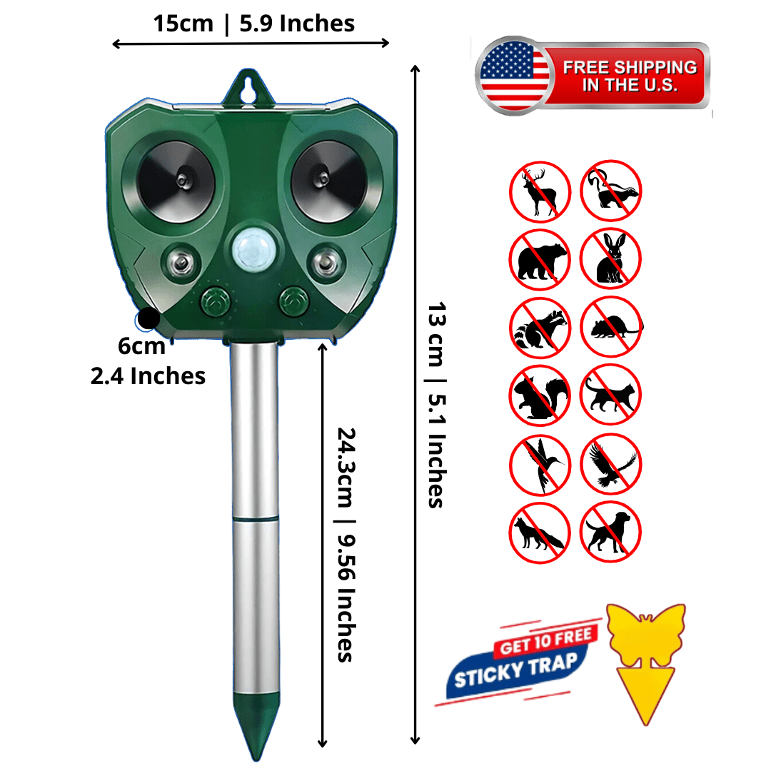 Solar and Ultrasonic Animal Repeller with PIR Sensor. The Upgraded Solar Ultrasonic Animal Repellent is designed to repel unwanted animals from gardens and outdoor areas