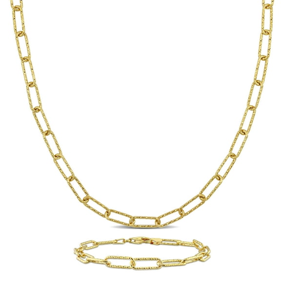 Everly Men's Yellow Silver 5mm Fancy Paperclip Chain Necklace and Bracelet Set - 20 in   9 in