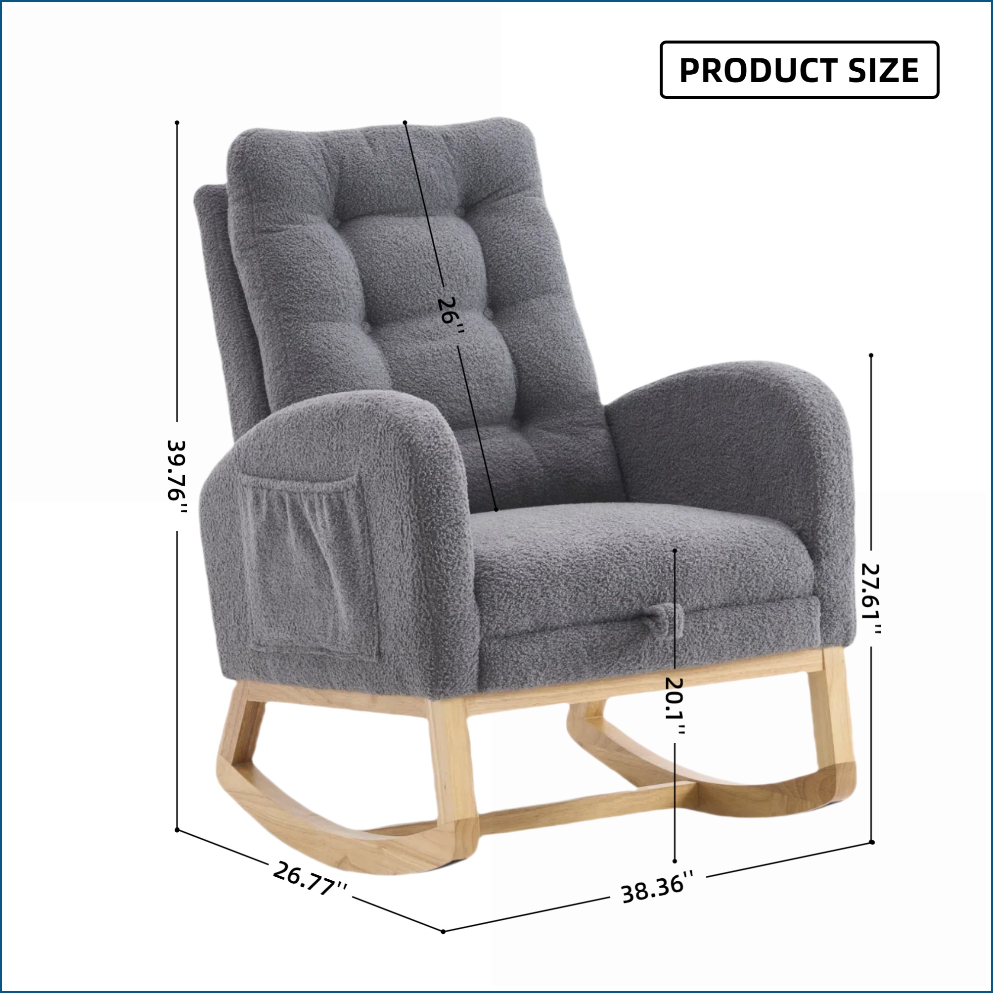 Rocking Chair with Footrest & Side Storage Pocket, Dark Gray High Back Upholstered, Rubber Wood Legs | Casual | Rubberwood