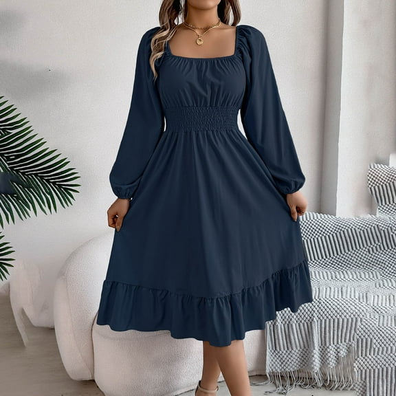 Ailaofu Women's Solid Color Square Neck Long Sleeve Tie Waist Ruffle Hem A-Line Casual Midi Dress