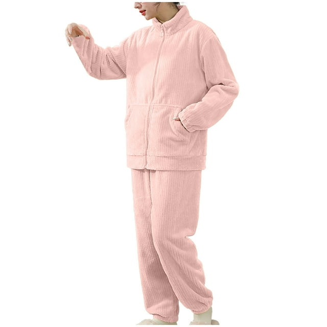 KIHOUT Womens Pajamas Warm Plush Thickened Pajama Set Zipper Pocket Home Suit Set