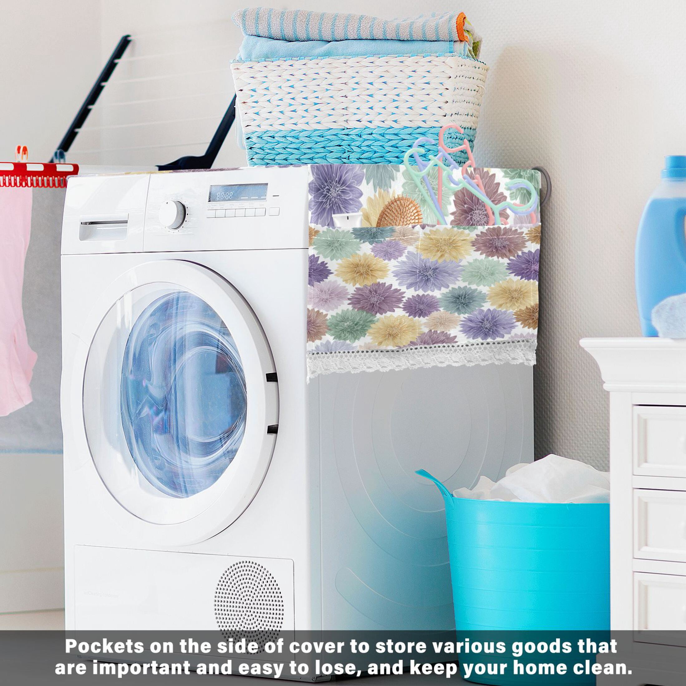 Wobogo Vibrant Floral Washing Machine Cover Dustproof Washer Dryer Cover Waterproof Laundry Room Decorative Protector