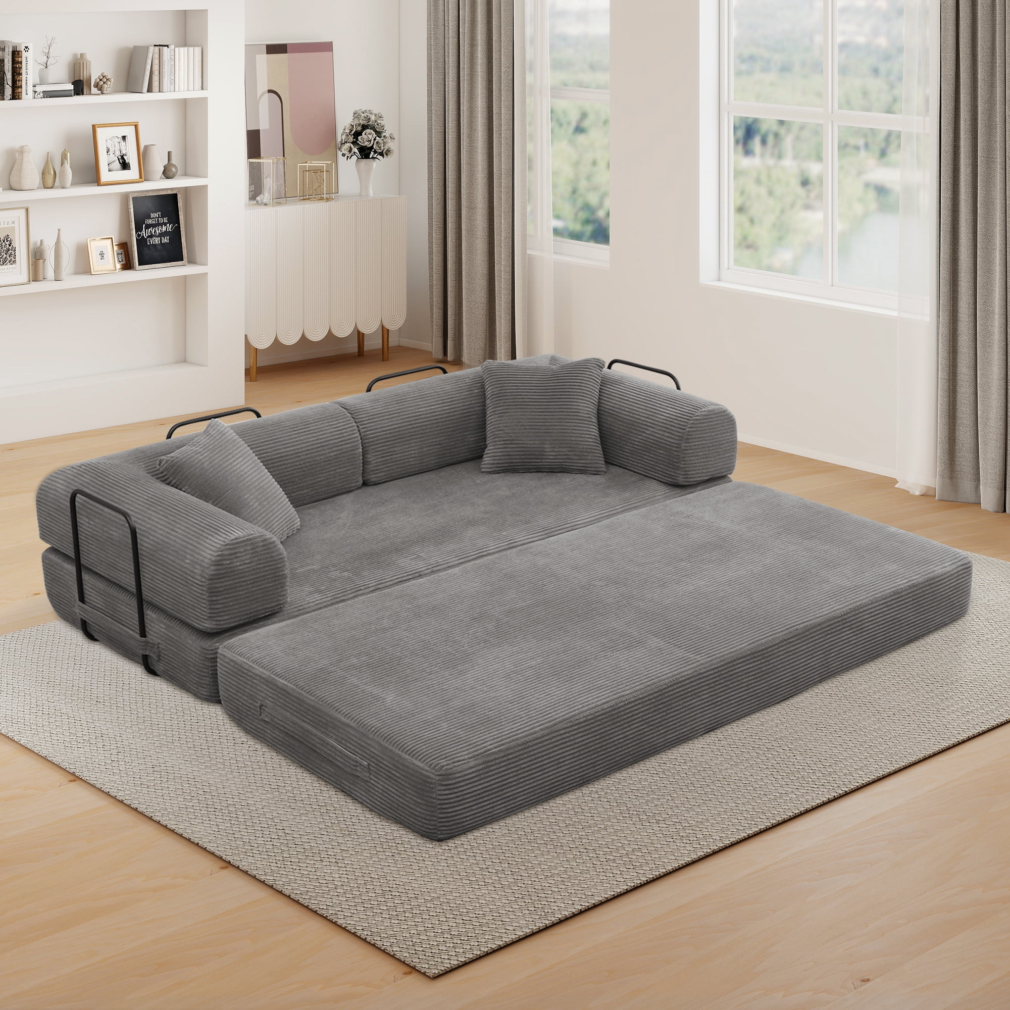 Muumblus 78" Corduroy Loveseat Cloud Sofa , Queen Size Convertible Slpper Couch Bed for Living Room, Gray