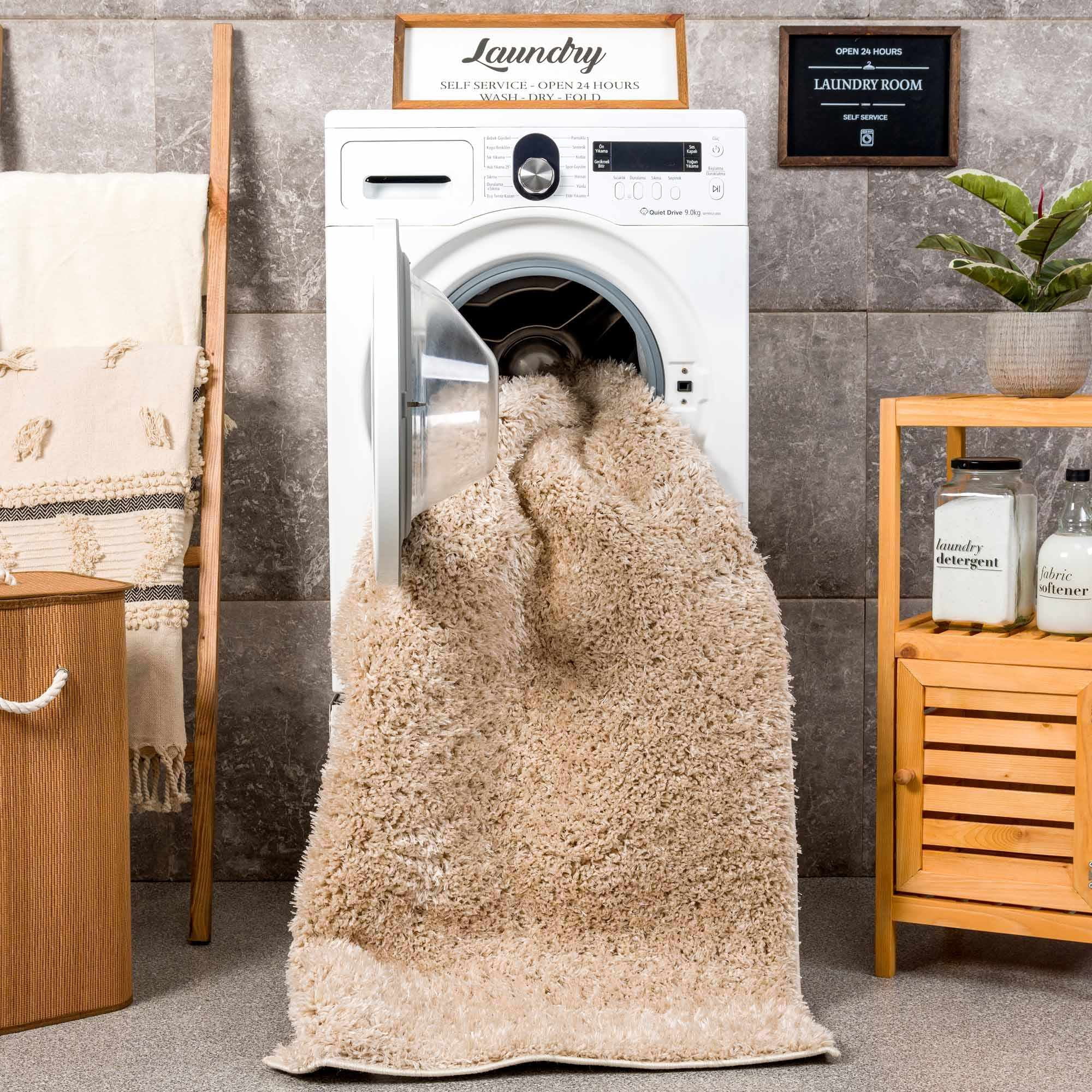 Hauteloom Faina Machine Washable Solid Shag Rug - Plain Living Room Bedroom Shaggy Area Rug - Fluffy Plush High Pile Carpet - Beige, Light Brown - 4' x 5'7"