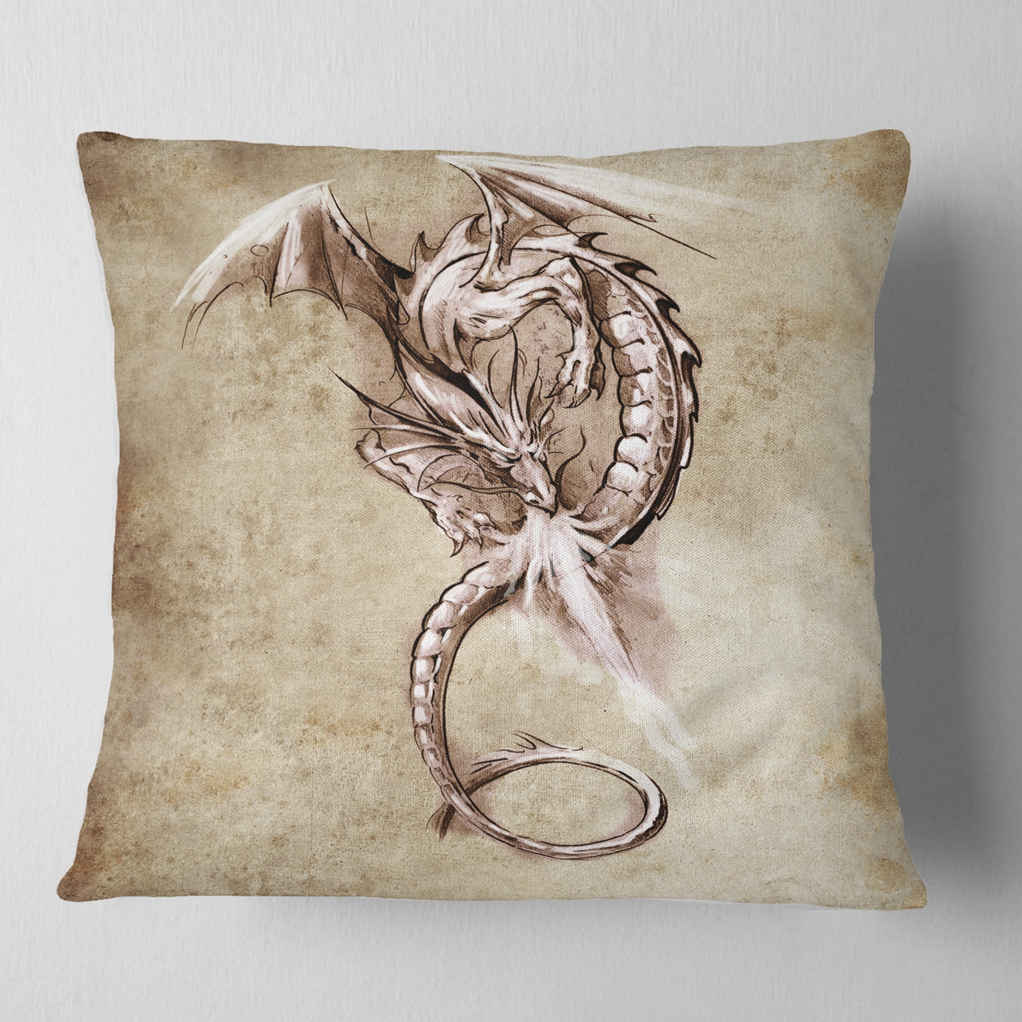Designart Fantasy Dragon Tattoo Sketch - Abstract Throw Pillow - 18x18
