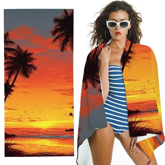 RKSupls Tropical Palm Tree Sunset Microfiber Beach Towel, Extra Large Quick Dry Lightweight Absorbent Towel for Travel Swimming Camping, Soft Super Absorbent- 30x60 in