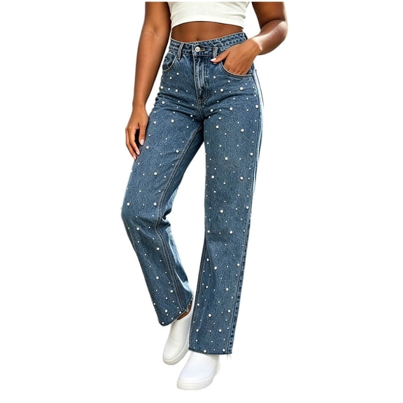Levmjia Women's Pearl Embellished Denim Jeans High Waisted Straight Leg Wide Leg Pants with Pockets Casual Loose Fit Baggy Jean Trousers for Women
