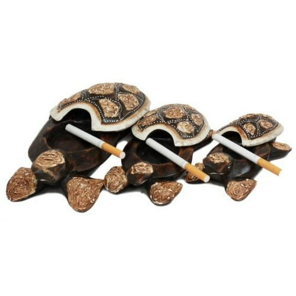 Balinese Wood Handicrafts Carved Shell Turtle Family Ashtray Box Figurine Set