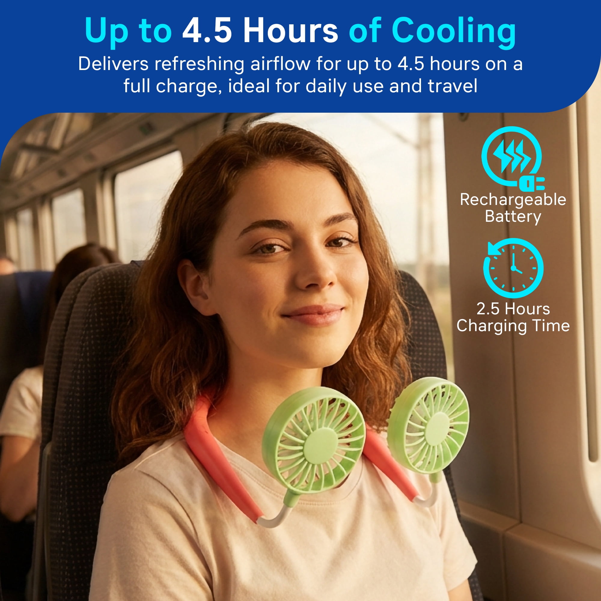 H-GLO Portable Neck Fan with LED Lights, Rechargeable, 3 Speeds, White, 1-Pack