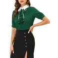 thumbnail image 4 of INSPIRE CHIC Women's Contrast Collar Tie Ruffle Front Button Short Sleeve Work Shirt M Dark Green, 4 of 5