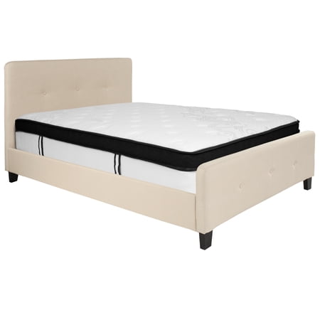Flash Furniture Tribeca Full Size Tufted Upholstered Platform Bed in Beige Fabric with Memory Foam Mattress