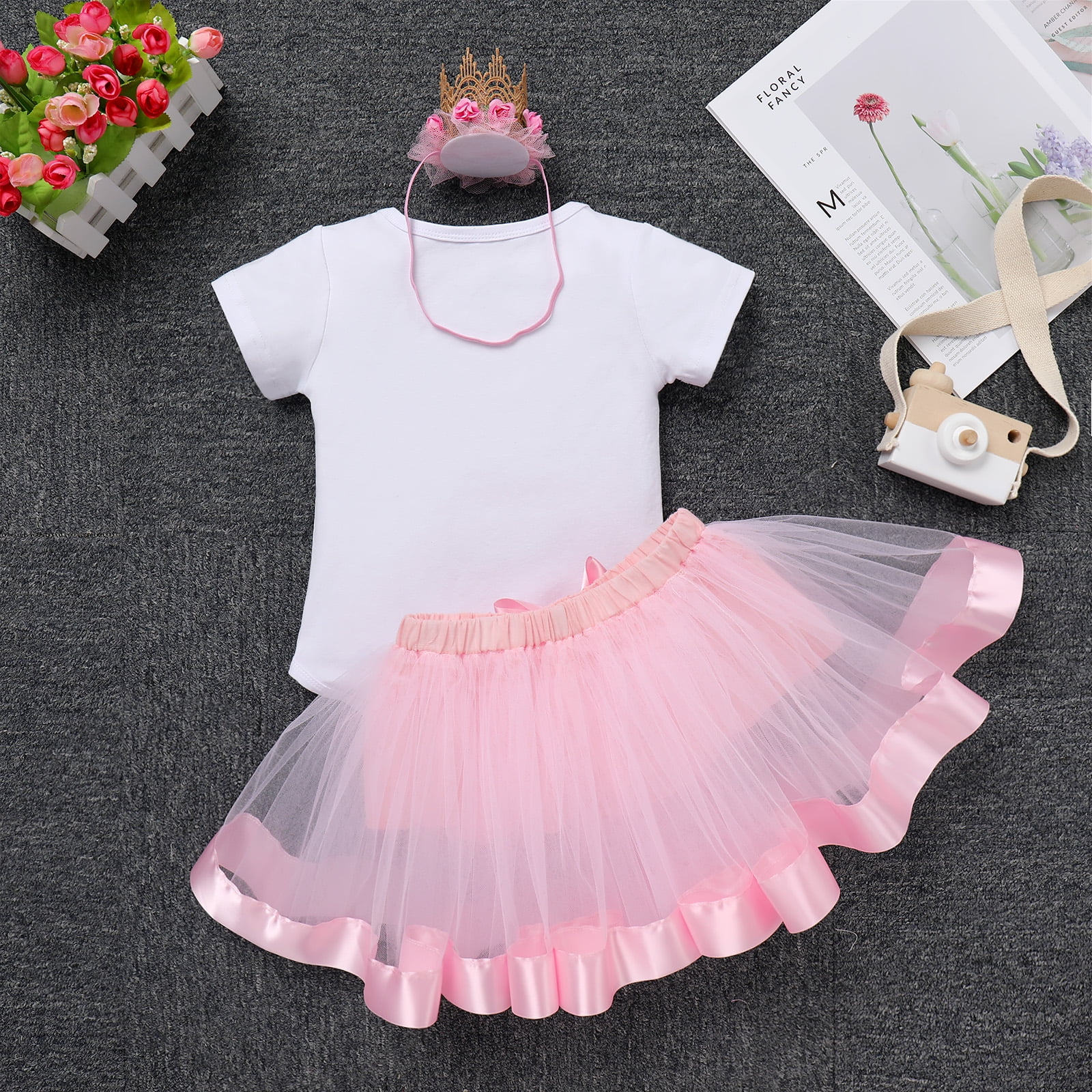 IBTOM CASTLE Infant Baby Girl One Year Old Birthday Outfit Floral Lace Party Cake Smash Romper + Tutu Skirt + Crown Clothes Set for Photo Shoot 1 Year Pink - Flower