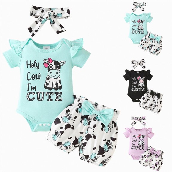 WUANDIXFA Newborn Baby Girl Clothes Summer 3 6 9 12 18 Months Short Sleeve Romper Bloomers Shorts Set Headband Infant Outfit,Light Blue,12-18 Months