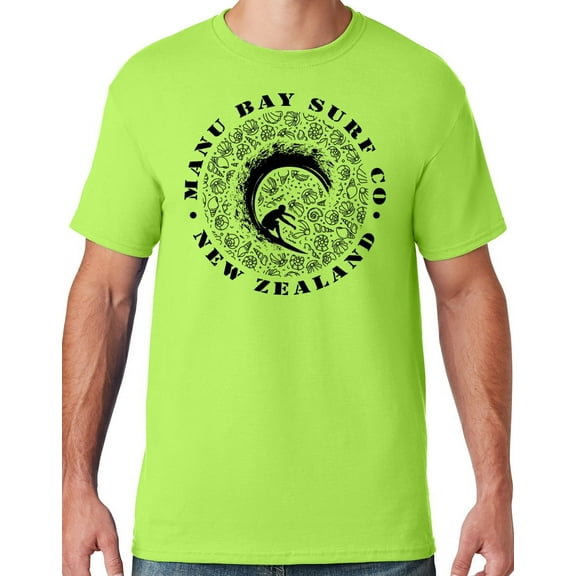 Mens Manu Bay Surf Company BLACK BARREL SURFER T-shirt, Large Neon Green