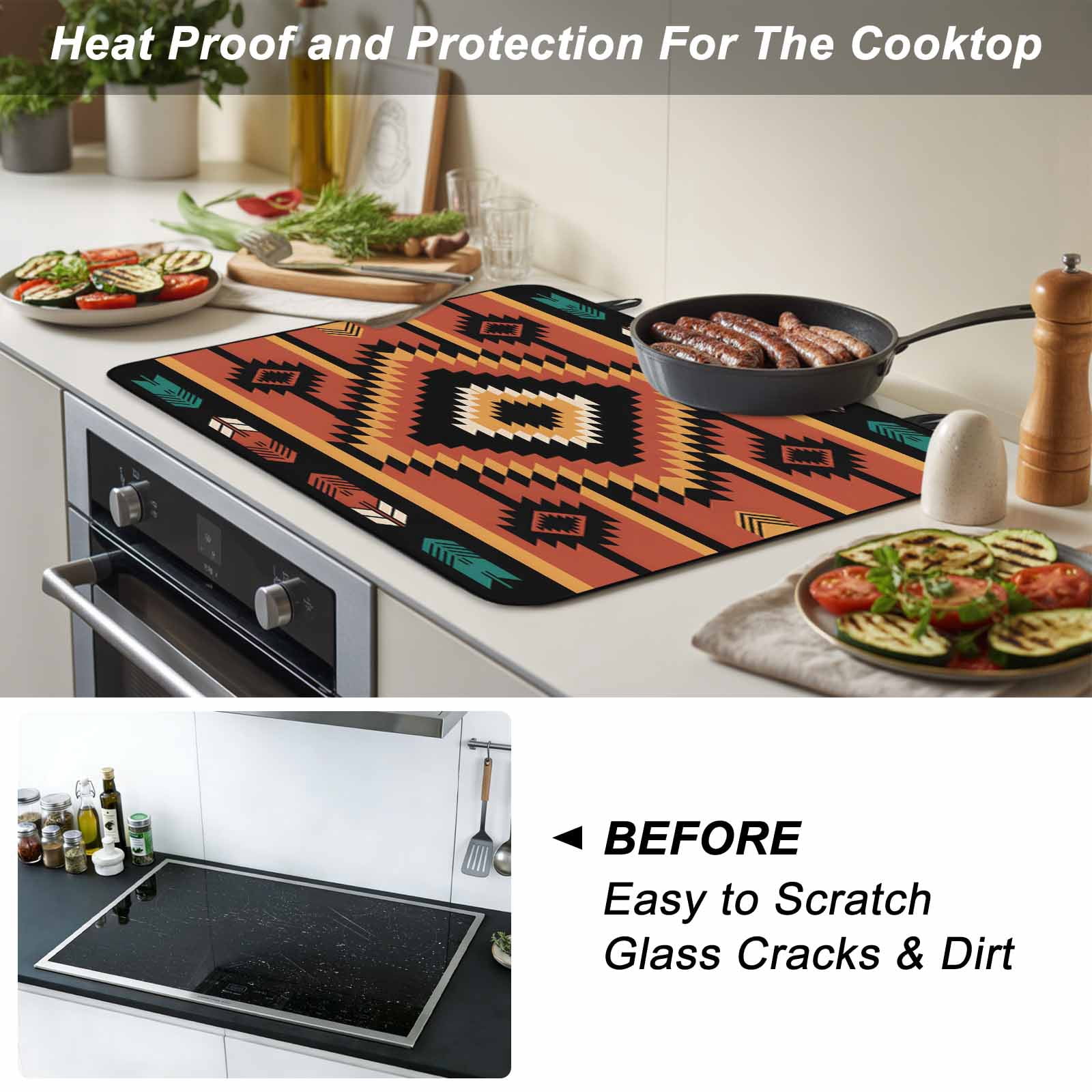 Aztec Southwest Stove Top Cover for Electric Stove, Heat-proof & Non Slip Glass Top Stove Cover Protector, Orange Black Boho Tribes Abstract Kitchen Flat Cooktop Rubber Mat 24x21 Inches