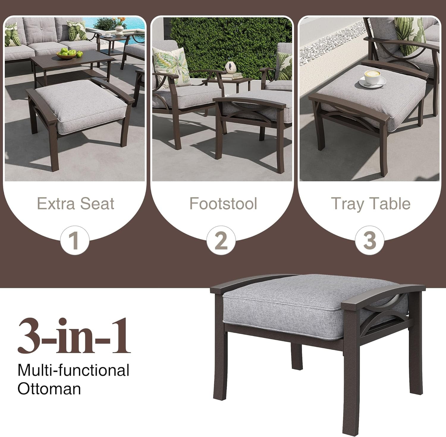 SUNVIVI Outdoor Patio Furniture Set, Patio Conversation Set with Coffee Table Side Table and Ottomans, Metal Furniture Set for Porch Backyard Garden
