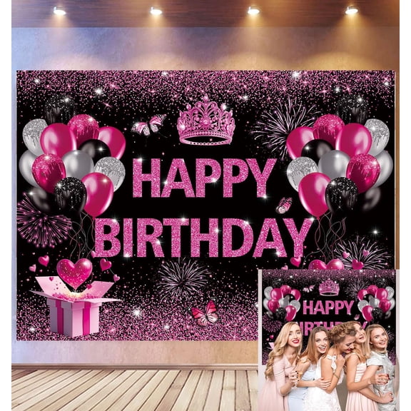 Pink Black Happy Birthday Backdrop for Women Photography Background Pink and Black Balloon Glitter Birthday Banner Sweet Girls Party Decorations Women Party Photo Booth Props